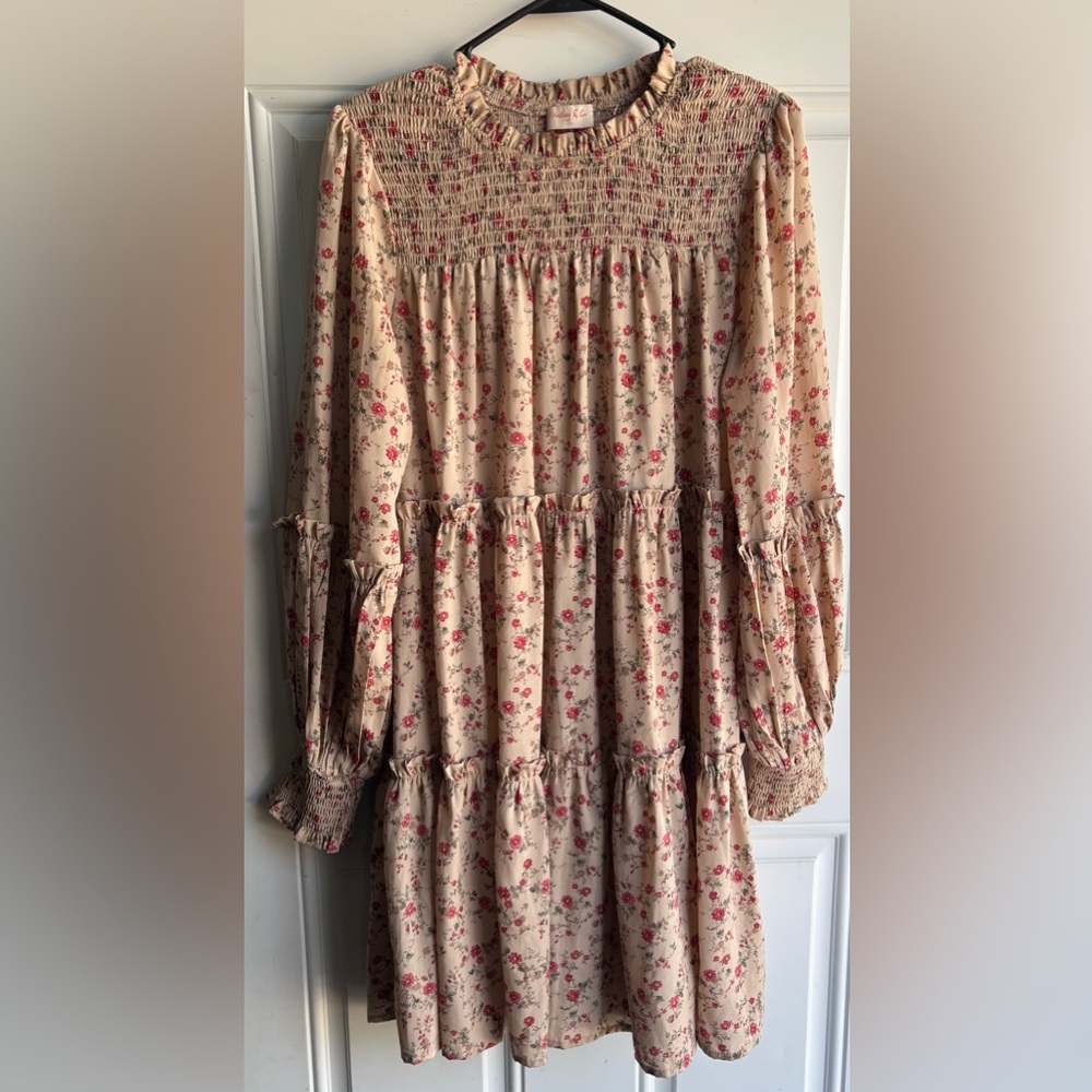 Floral Tiered Boho Dress in Beige and Rose